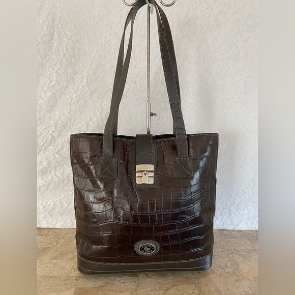 Dooney & Bourke Handbags - Vtg Dooney and Bourke black brown croc embossed leather tote/bucket/shoulder bag